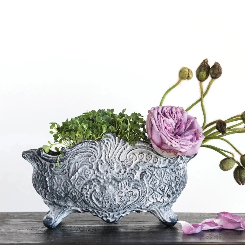 11-3/4″L x 6″W x 6″H Vintage Reproduction Cast Iron Cachepot, Distressed Grey, T Decor