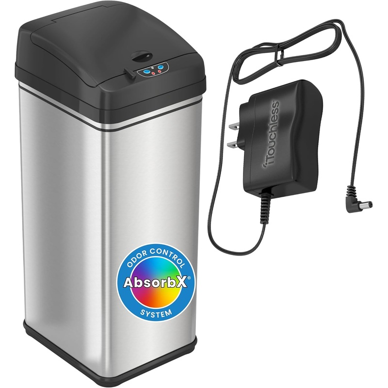 iTouchless 13 Gallon Sensor Trash Can Battery-Free Automatic Bin with Odor Filter, for Kitchen and Office, Black and Stainless Steel, Ac Adapter