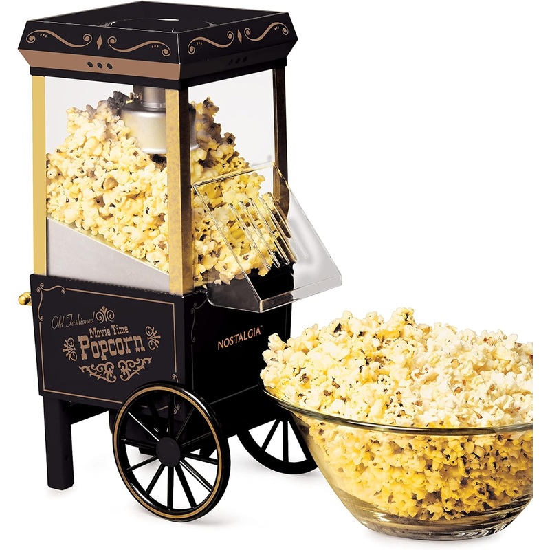 Nostalgia Vintage Hot-Air Popcorn Maker Machine – Makes Up to 12 Cups – Oil-Free – Healthier Popcorn – Classic Stand-Up Cart With Wheels – Includes Kernel Measuring Cup – Black